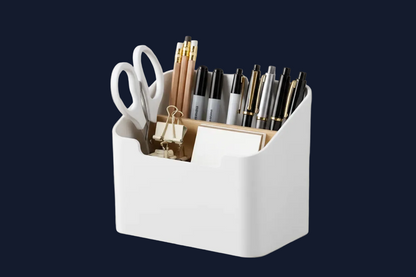 Organisateur de bureau à compartiments rempli de stylos, ciseaux et post-it, rangement papeterie design scandinave blanc et bois Burosophe.