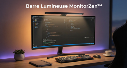 Barre lumineuse écran MonitorZen avec éclairage bureau anti-reflet et ambiance RGB gaming