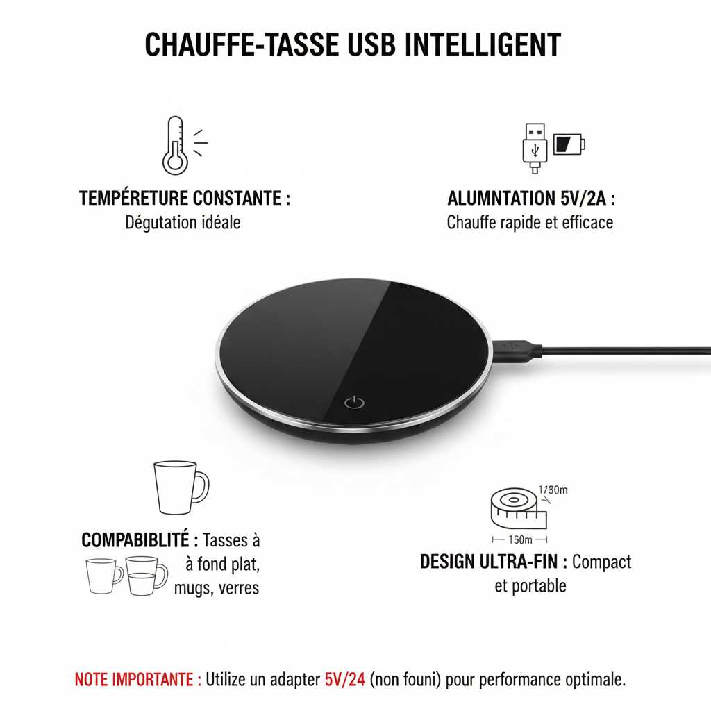 Infographie du chauffe-tasse USB intelligent détaillant les fonctions : température constante, alimentation 5V/2A, compatibilité tasses et verres, et design ultra-fin.