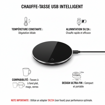 Infographie du chauffe-tasse USB intelligent détaillant les fonctions : température constante, alimentation 5V/2A, compatibilité tasses et verres, et design ultra-fin.