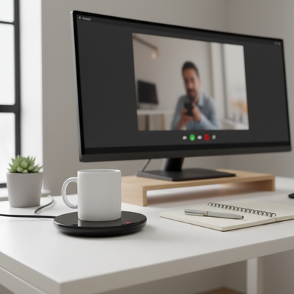 Chauffe-tasse USB intelligent noir sur un bureau en bois avec une tasse de café fumante et un ordinateur portable en arrière-plan