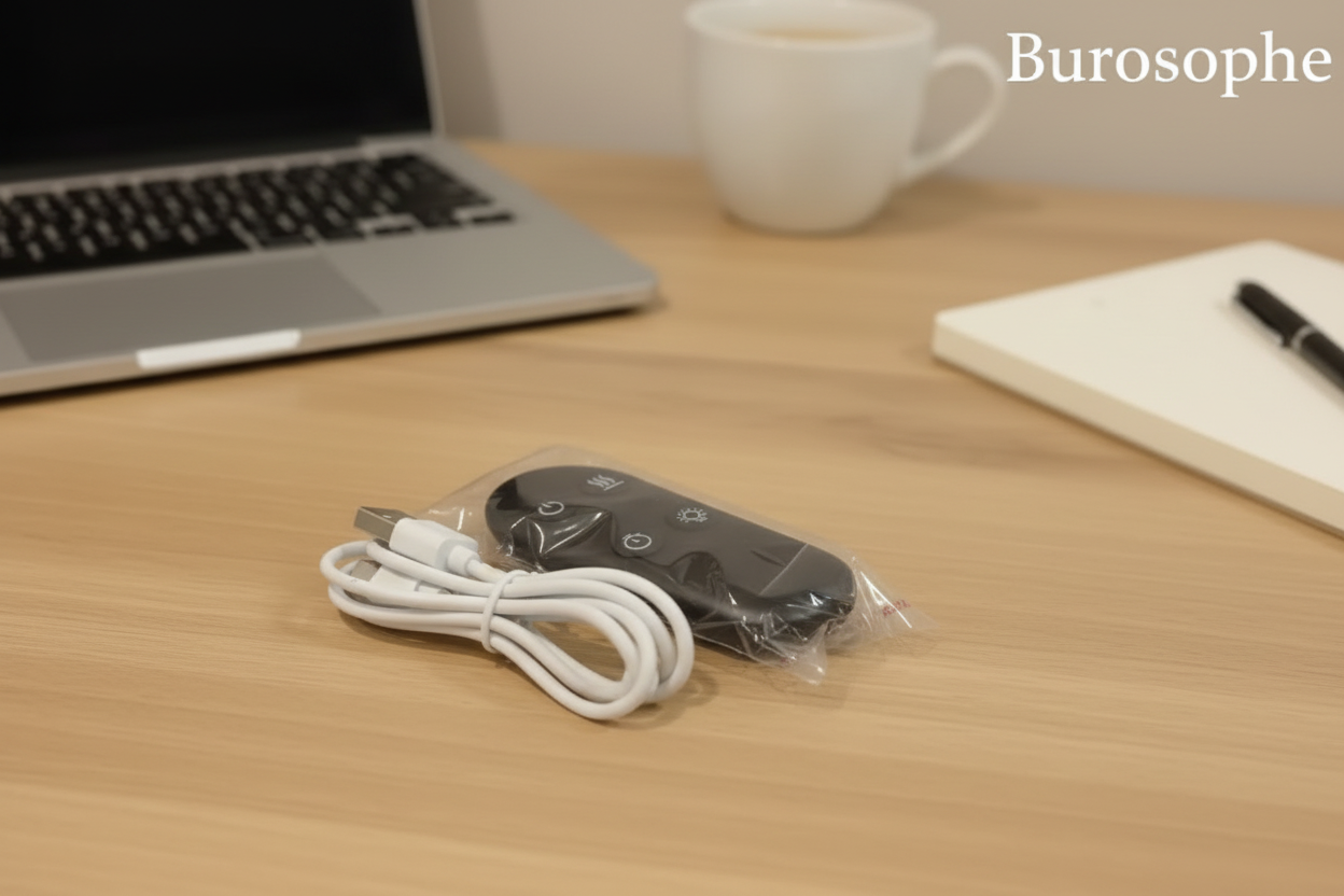 Contenu du pack diffuseur Burosophe : télécommande de contrôle à distance et câble d'alimentation USB blanc, accessoires inclus.