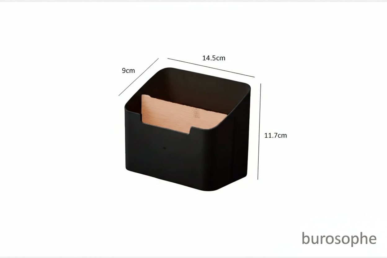 Schéma des dimensions de l'organisateur de bureau noir Burosophe : 14.5cm x 9cm x 11.7cm, boîte de rangement compacte.