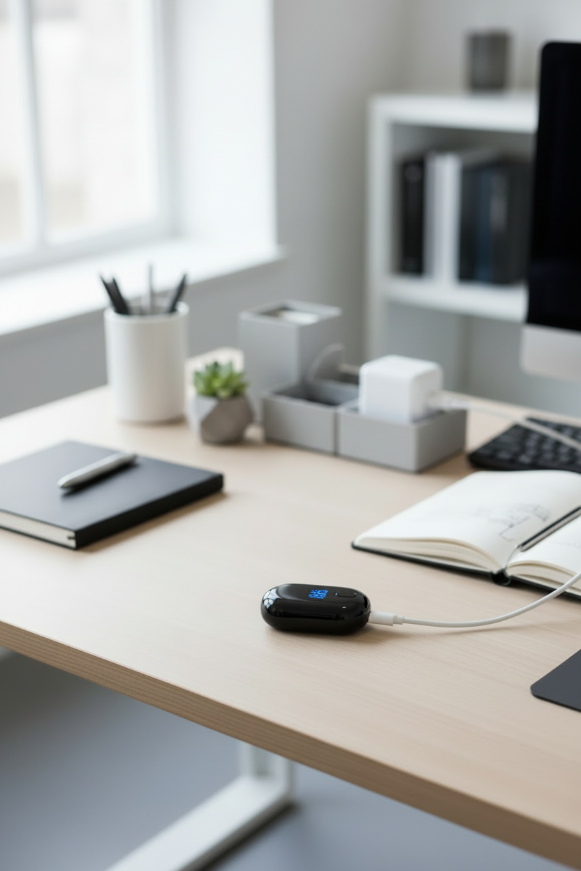 Affichage LED bleu sur correcteur de posture intelligent Burosophe, suivi en temps réel de l'inclinaison du dos pour un meilleur maintien ergonomique.