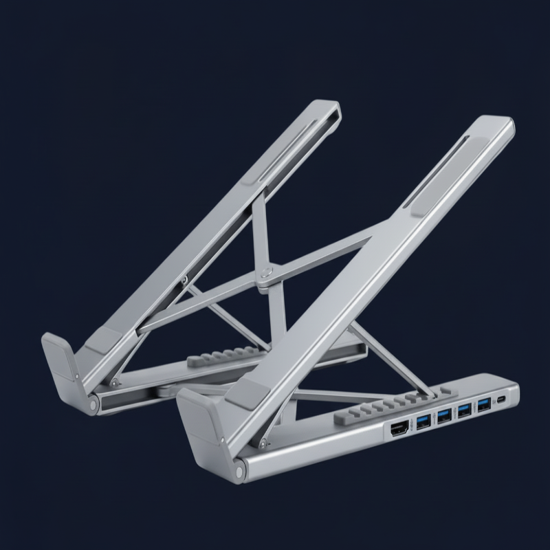 Support ordinateur portable ergonomique en aluminium avec Hub USB-C 5-en-1 intégré et ports HDMI.