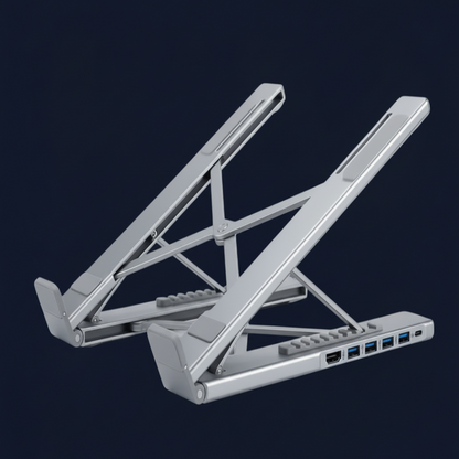Support ordinateur portable ergonomique en aluminium avec Hub USB-C 5-en-1 intégré et ports HDMI.