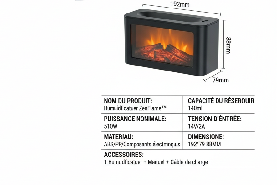 Caractéristiques techniques, dimensions et guide d'utilisation huiles essentielles pour l'humidificateur ZenFlame