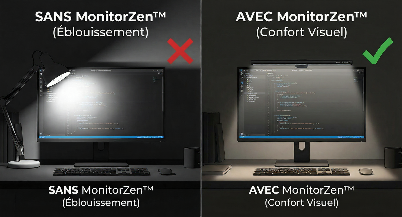 Comparatif avant après : élimination des reflets sur écran et confort visuel avec la barre lumineuse MonitorZen