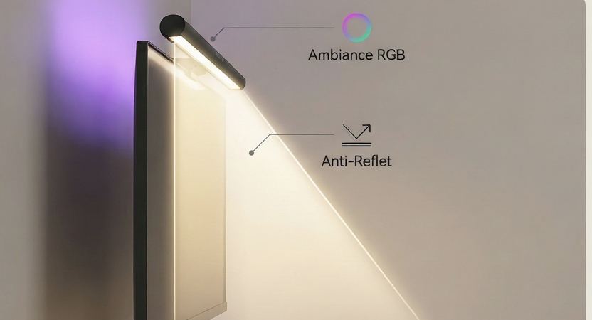 Caractéristiques techniques barre MonitorZen : commandes tactiles, alimentation USB-C et schéma double éclairage asymétrique anti-reflet et RGB