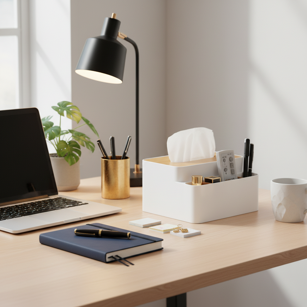 Organisateur de bureau design scandinave blanc et bois avec compartiment à mouchoirs et porte-stylos, accessoire de rangement élégant Burosophe sur un bureau moderne.