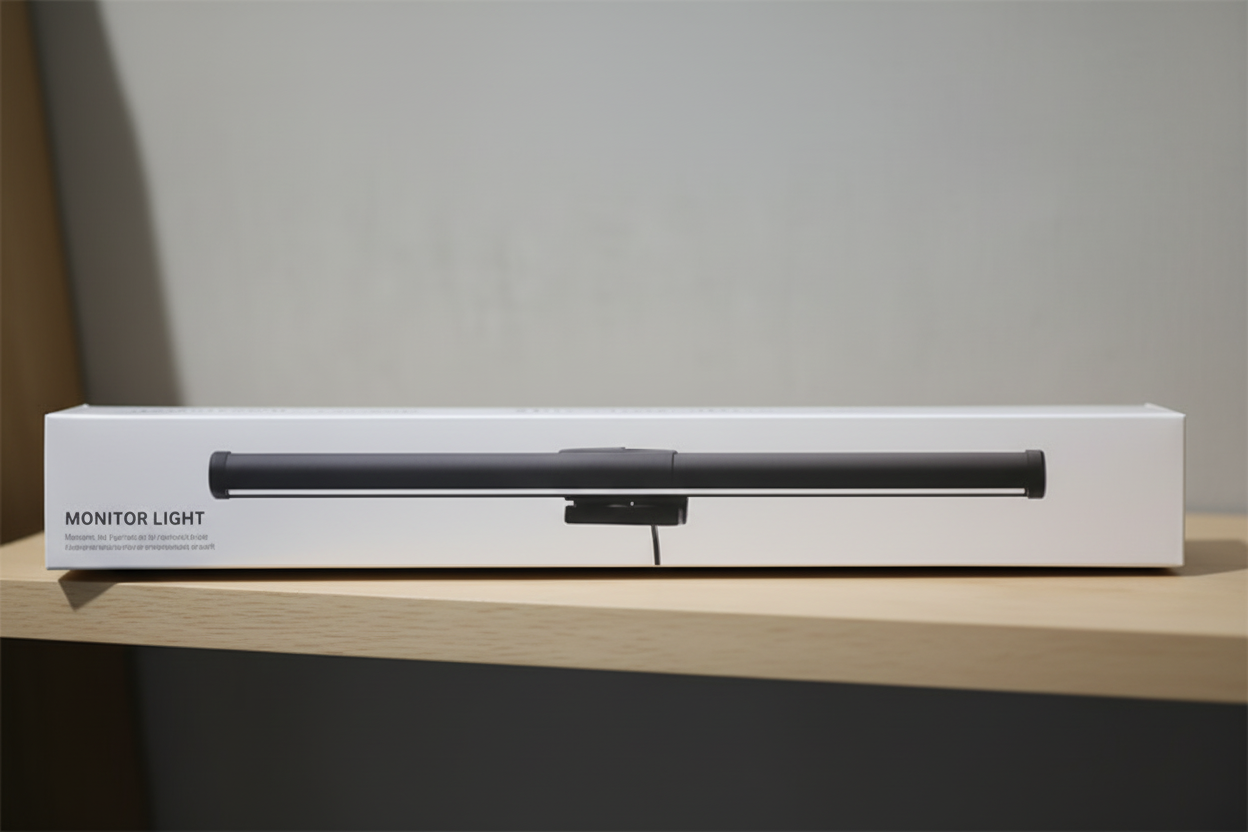 Boîtier d'emballage protecteur pour barre lumineuse de moniteur Burosophe, packaging épuré et sécurisé pour une livraison sans dommage.