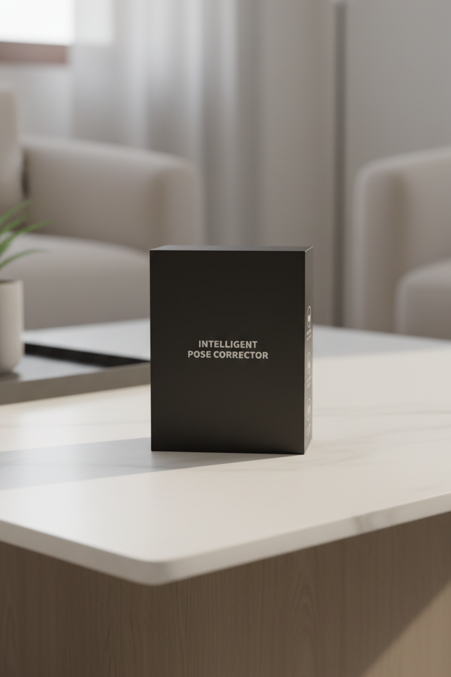 Boîtier premium noir pour correcteur de posture intelligent Burosophe, emballage élégant et protecteur posé sur une table moderne.