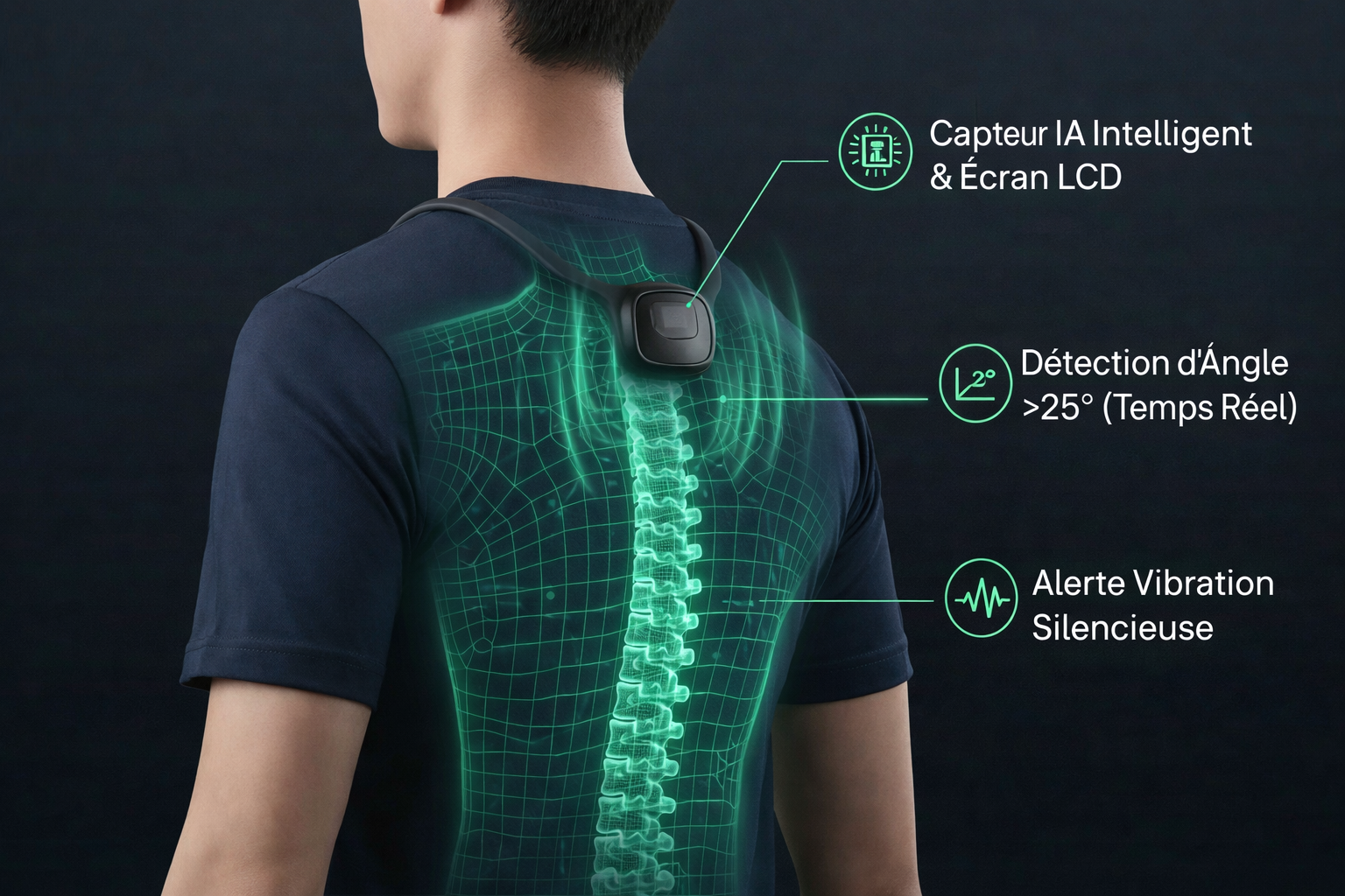 Infographie du correcteur de posture intelligent montrant le capteur IA, l'écran LCD, la détection d'angle à 25° et l'alerte vibration silencieuse.