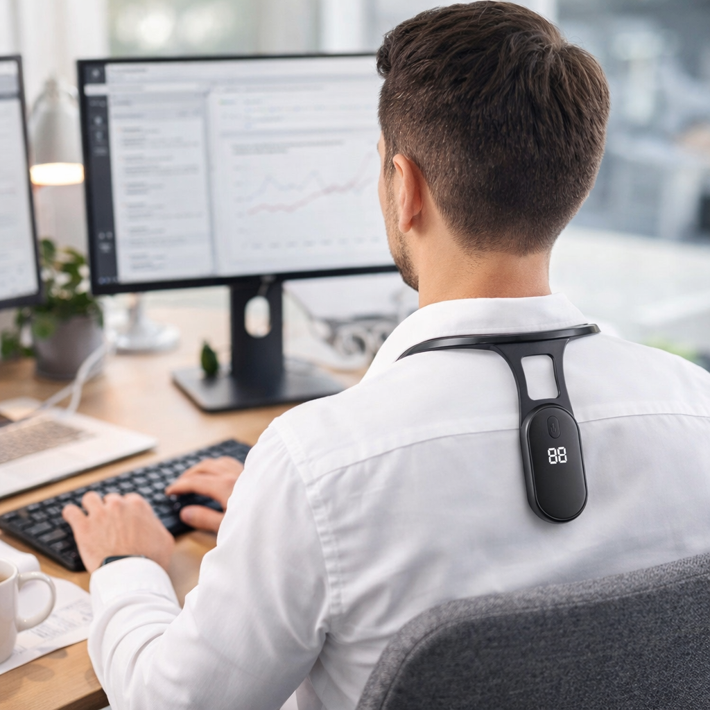 Homme travaillant au bureau avec le correcteur de posture intelligent Burosophe pour soulager les douleurs cervicales.
