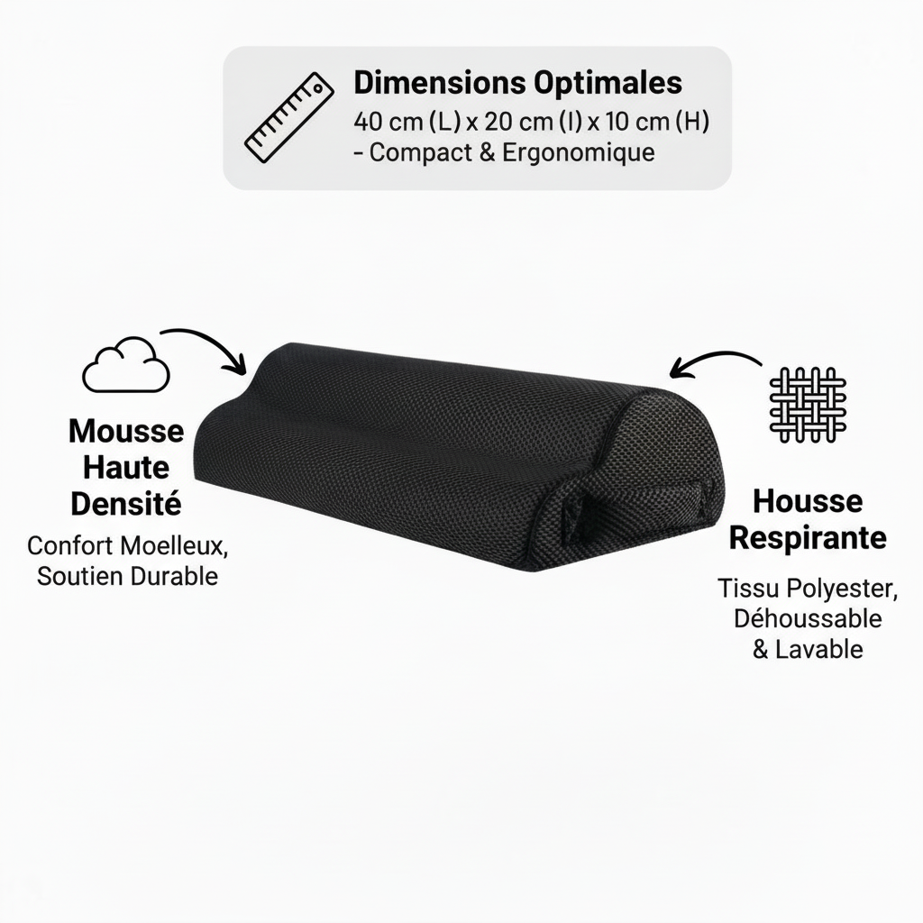 Infographie des caractéristiques techniques du repose-pieds ergonomique ZenFeet : dimensions 40x20x10cm, mousse à mémoire de forme haute densité, housse respirante lavable et base antidérapante stable.