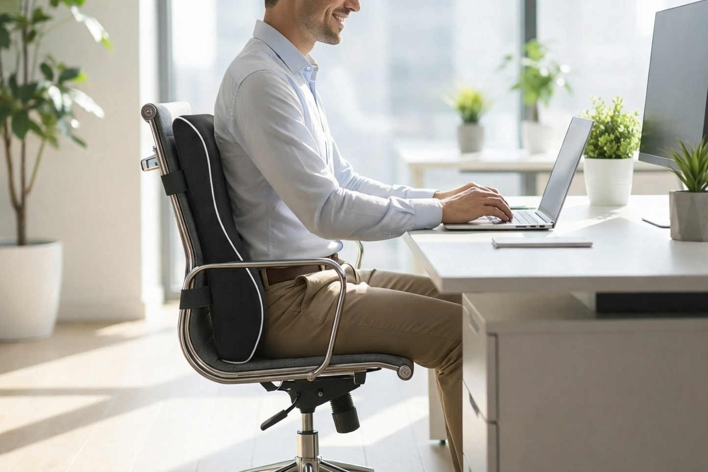 Homme travaillant au bureau avec une posture droite grâce au coussin lombaire ergonomique Burosophe sur sa chaise