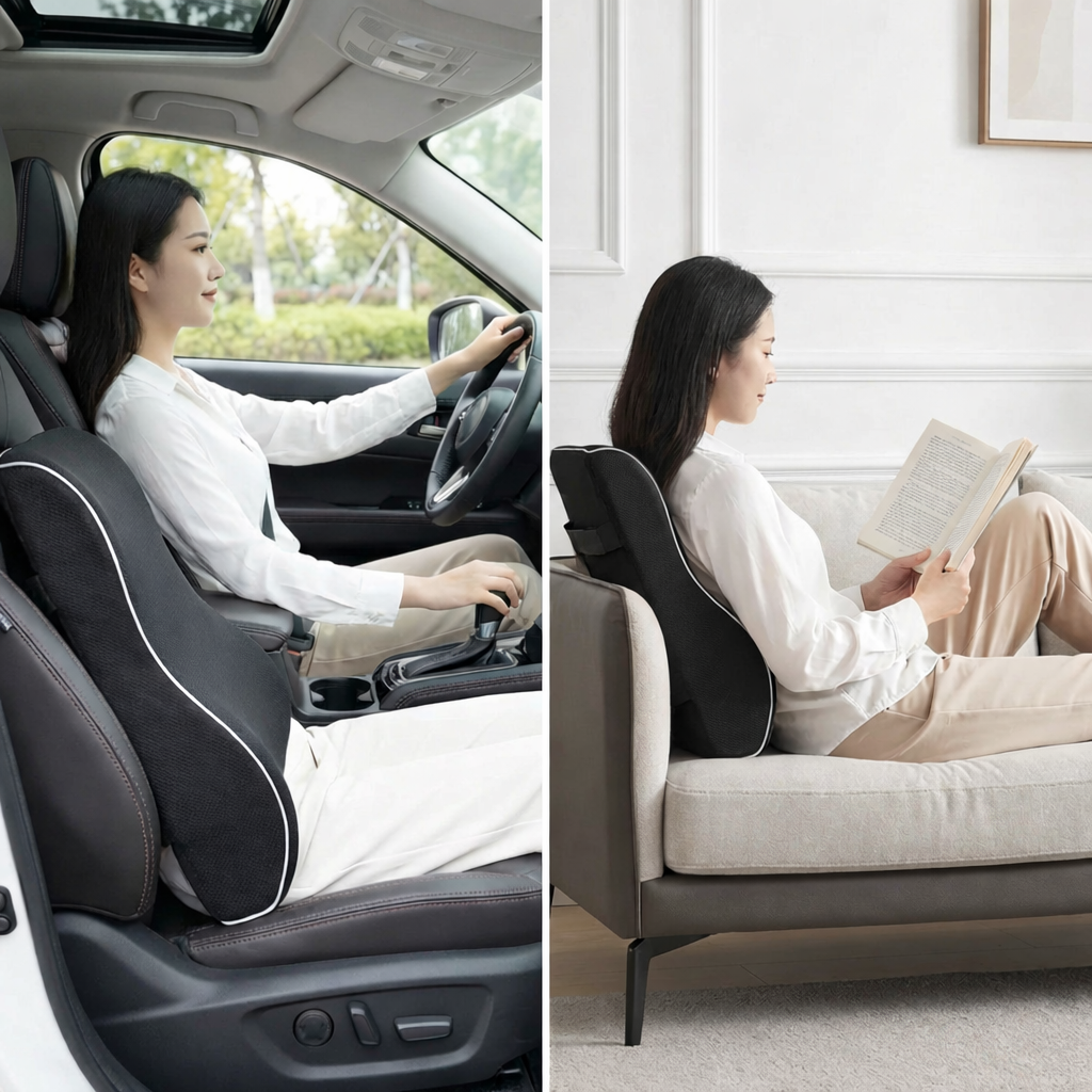 Utilisation polyvalente du coussin lombaire Burosophe : soutien du dos pour la conduite en voiture et confort sur canapé