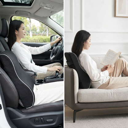 Utilisation polyvalente du coussin lombaire Burosophe : soutien du dos pour la conduite en voiture et confort sur canapé