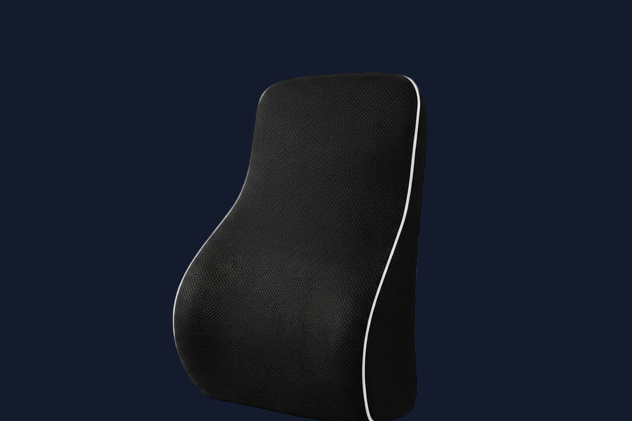 Coussin lombaire ergonomique Burosophe avec illustration du soutien de la colonne vertébrale et correction de la posture